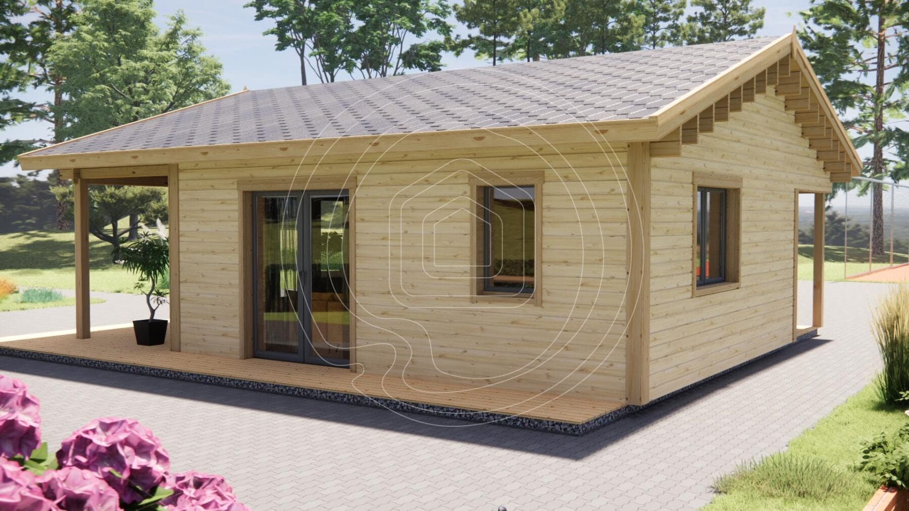 Angled view of 3 bed residential log cabin