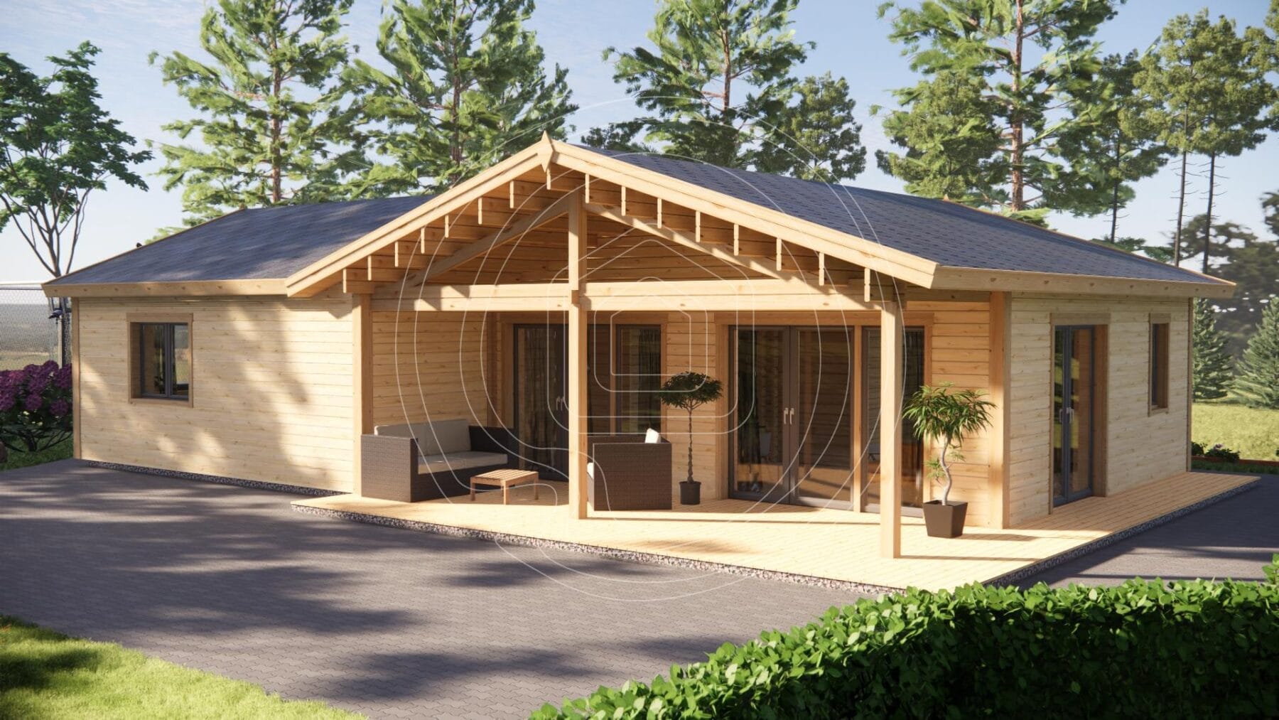 Side view of 3 bedroom log cabin IR-001CL Ireland