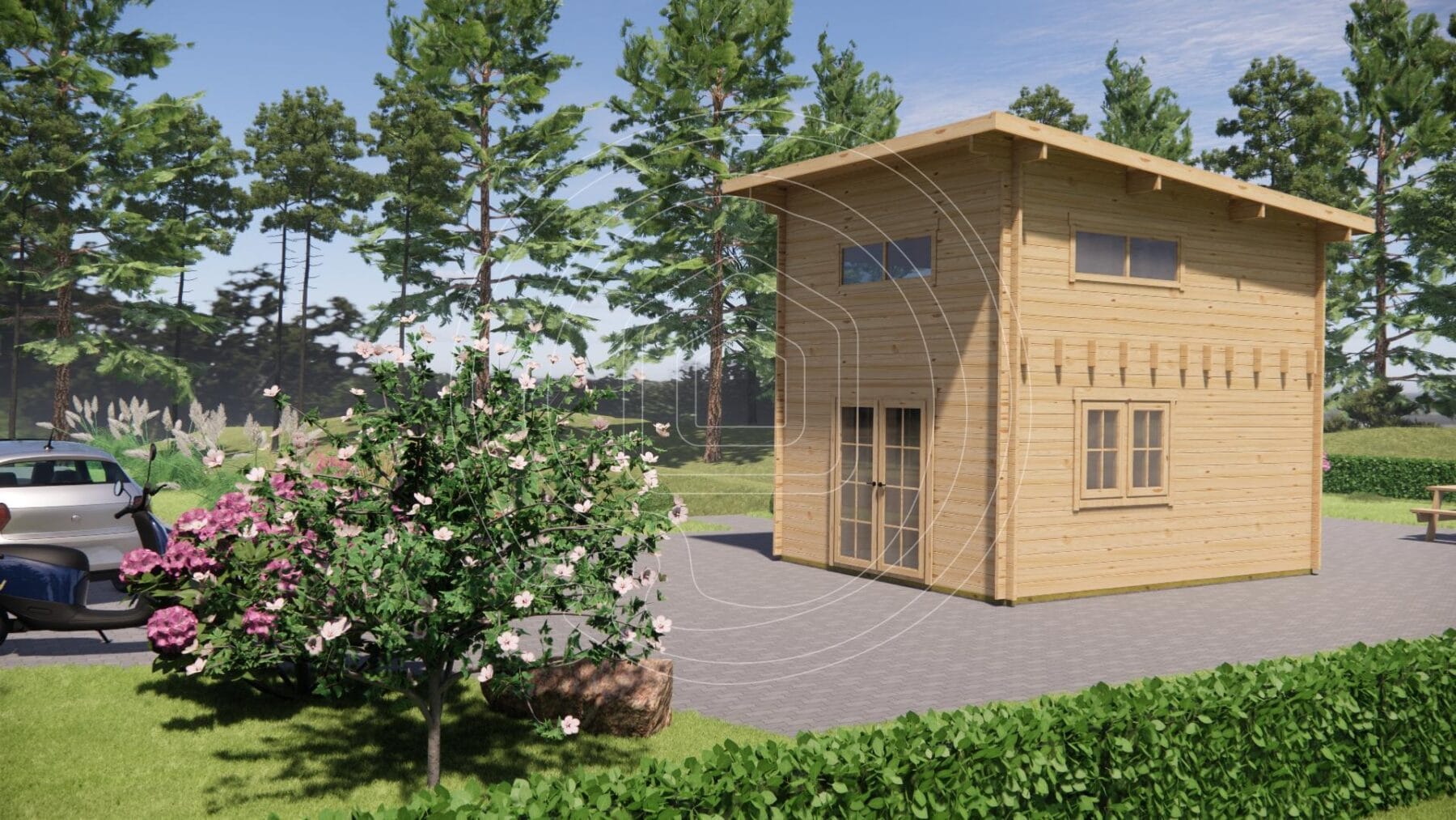 Solid wood residential log cabin with double glazing