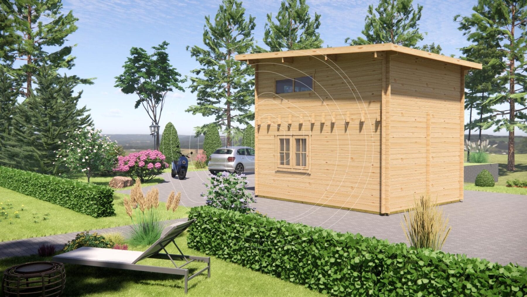 Two-storey log cabin with large windows and natural finish