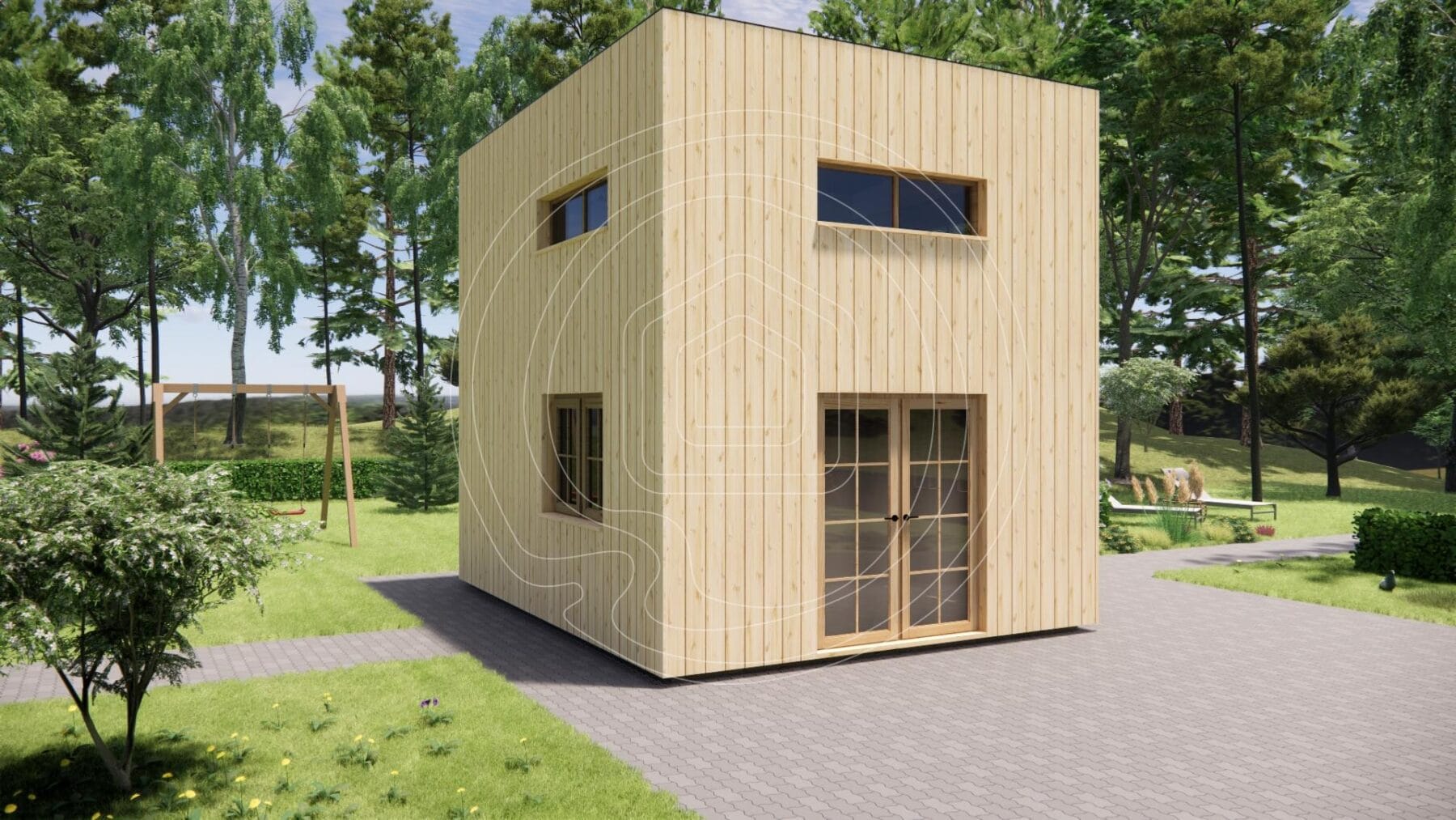 Residential log cabin with double glazing and external finish