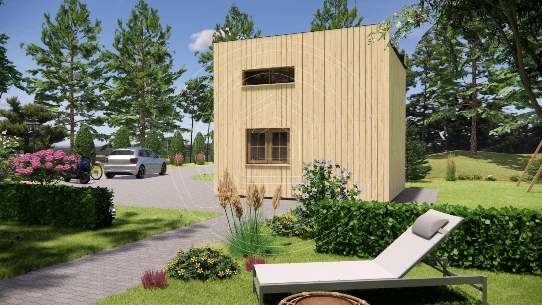 Compact two-storey residential log cabin with external cladding