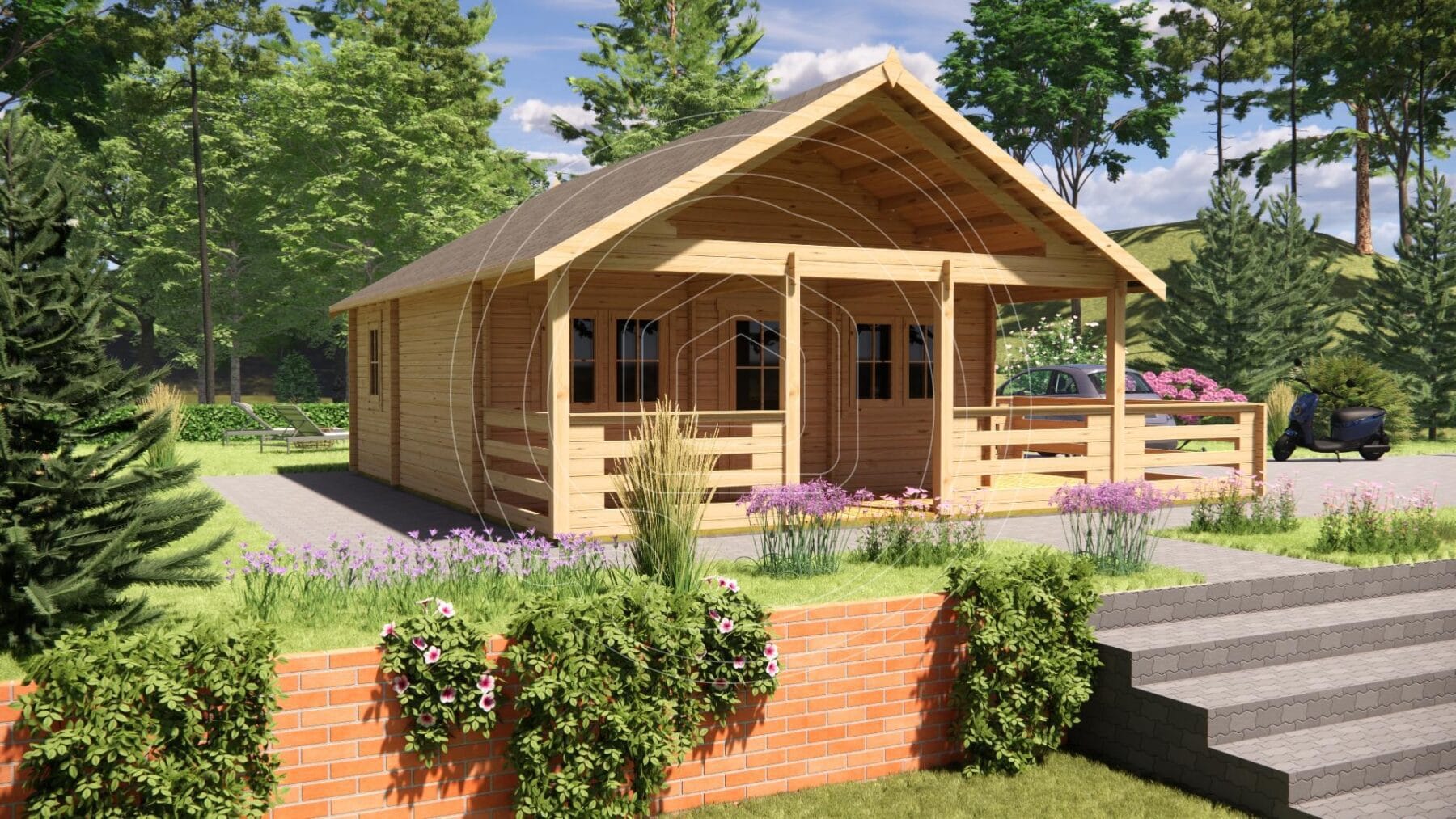 Residential log houses Ireland 3 bedroom model with large terrace
