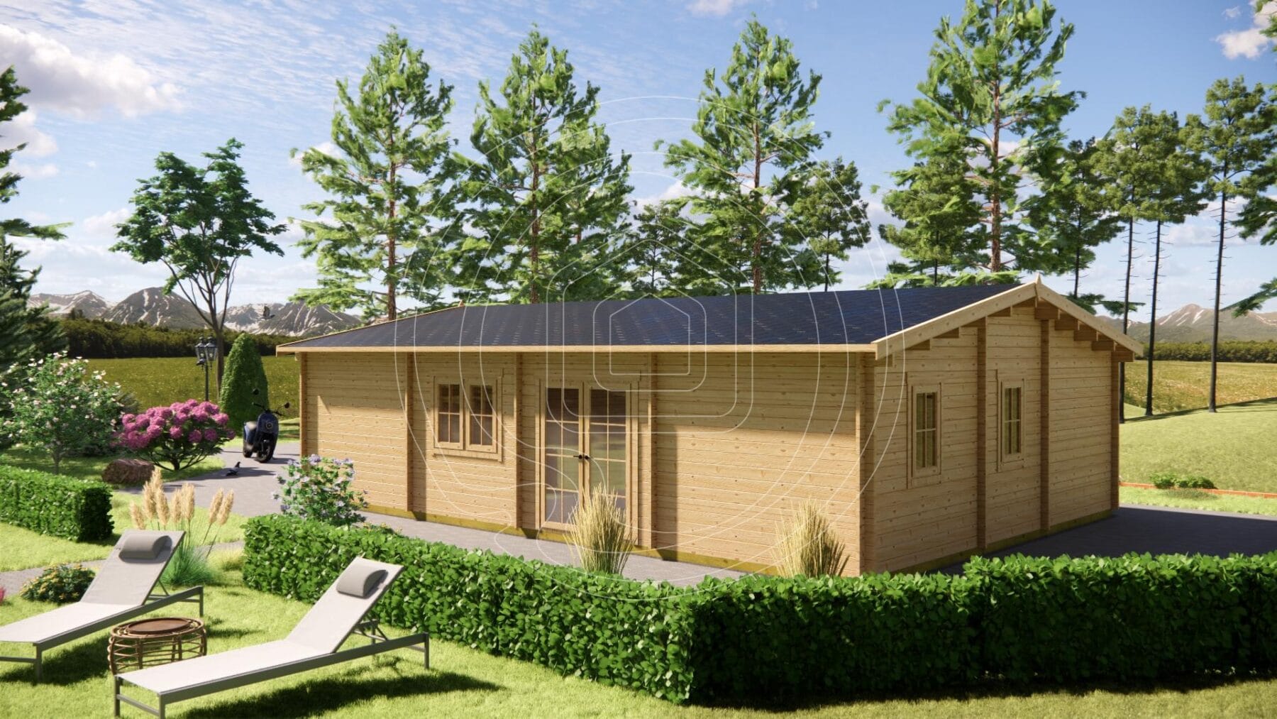 Insulated log house with high-quality roofing and gutters