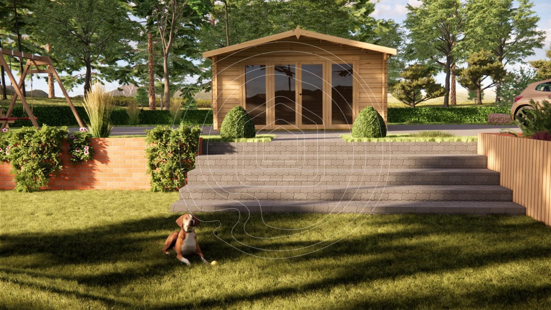 Weatherproof garden log cabin side elevation