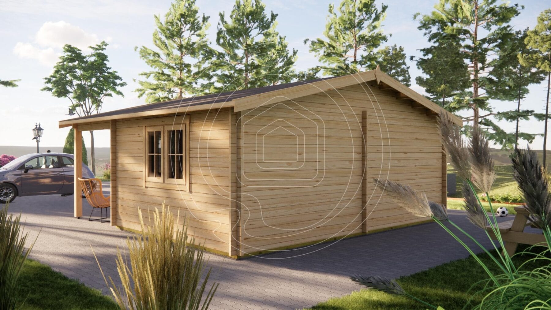 Open plan living room and kitchen for 36m2 log cabin