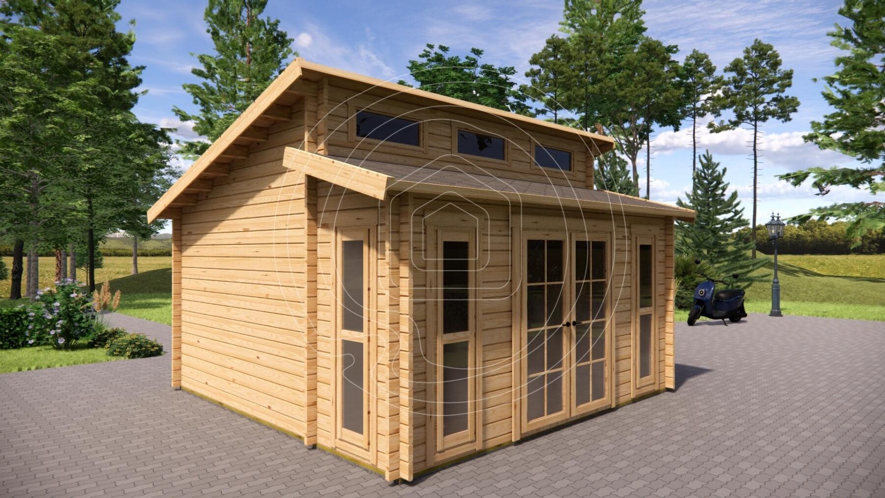 Modern garden office log cabin layout plan