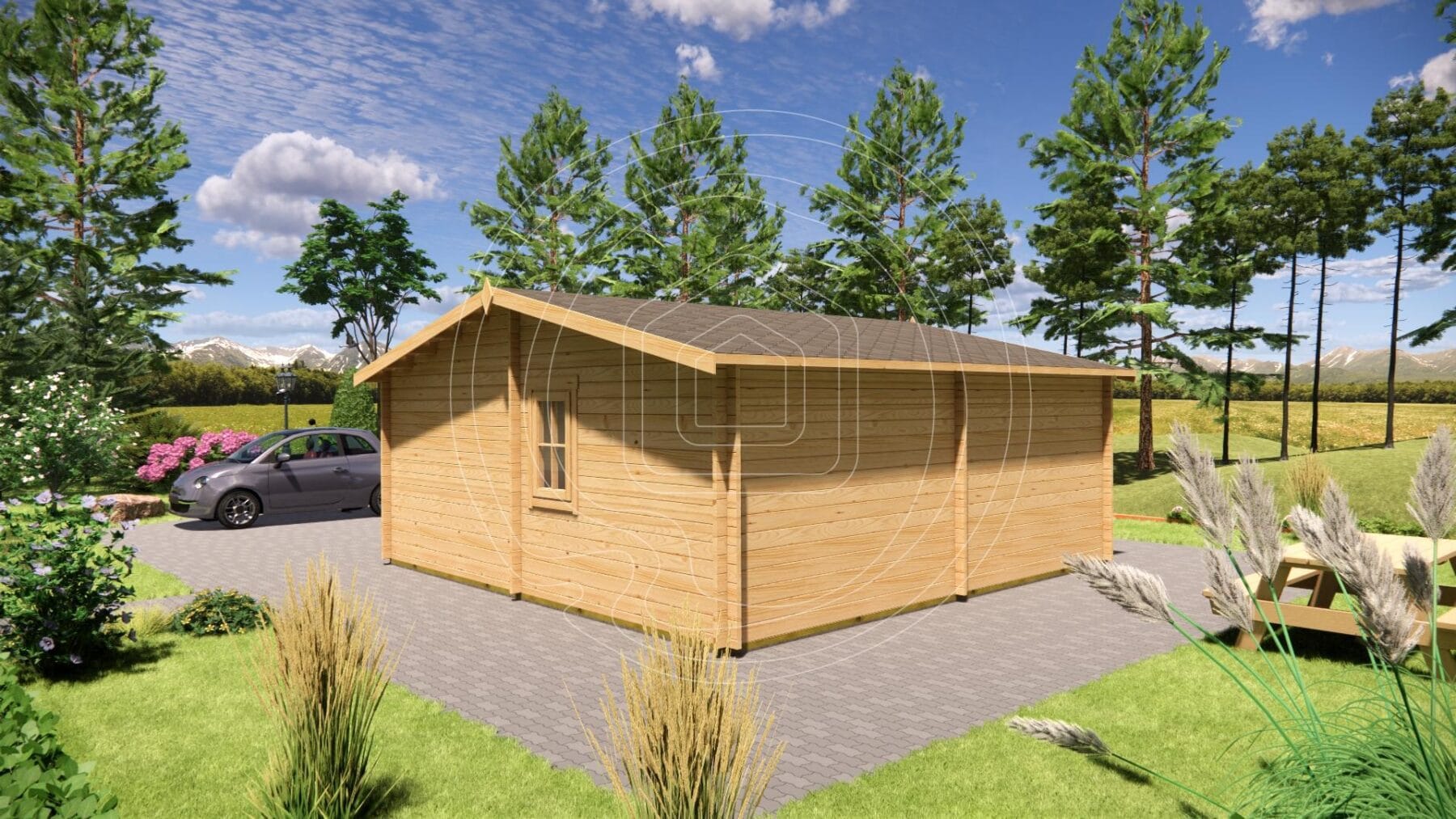 Cozy residential timber home with covered outdoor space