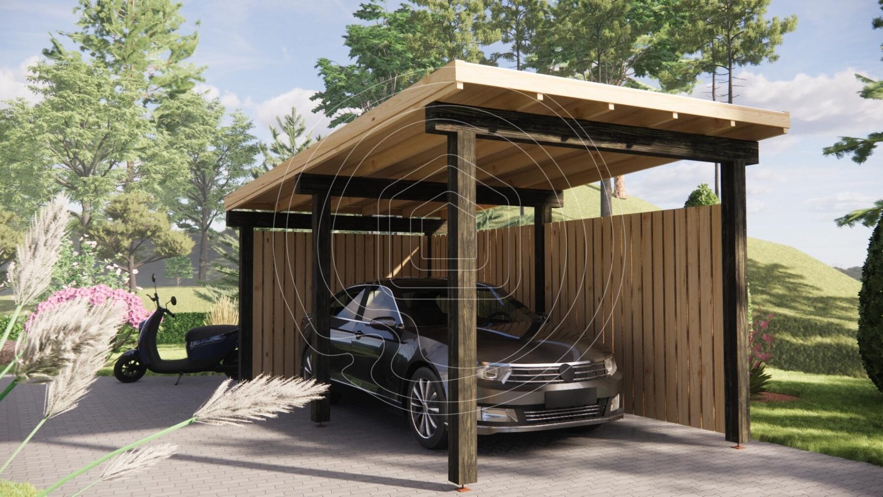 Contemporary wooden car shelter design