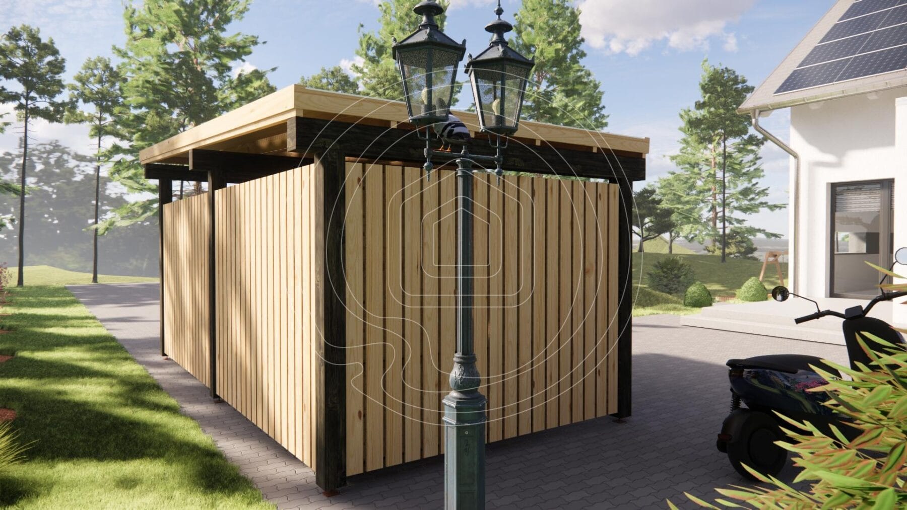 Modern lean-to timber carport for house side