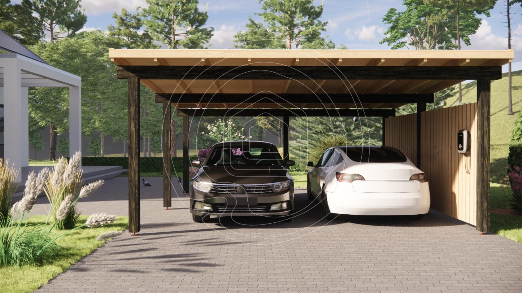Wide span wooden car shelter without middle posts