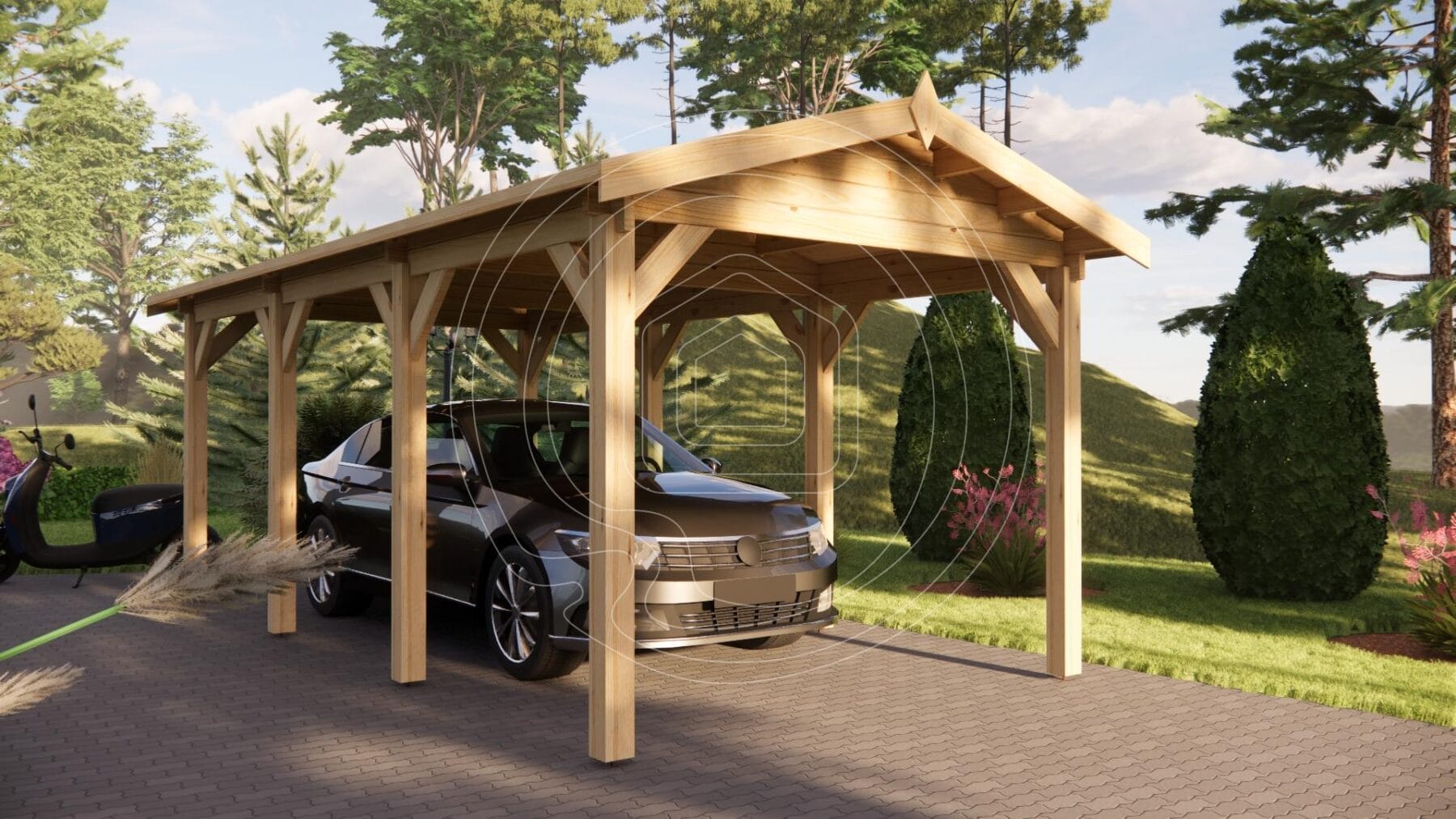 Solid wooden posts for freestanding car shelter