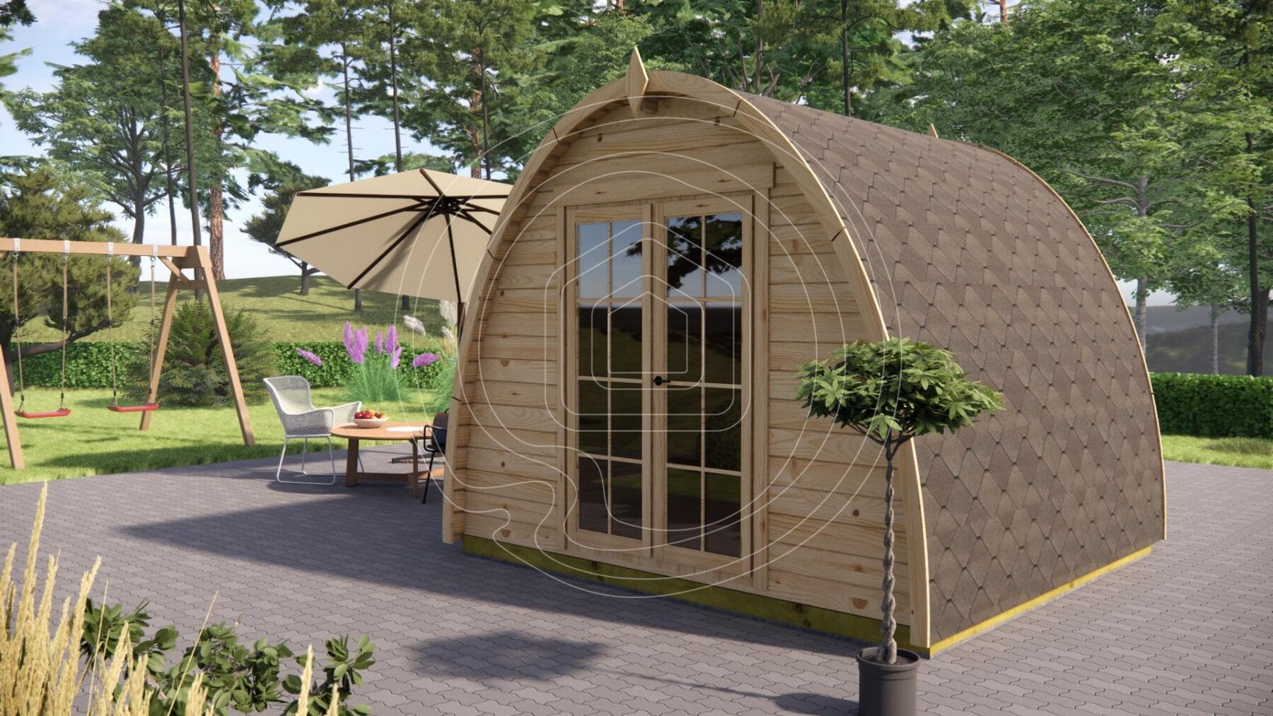 9m² glamping pod front exterior view Ireland 3x3m timber