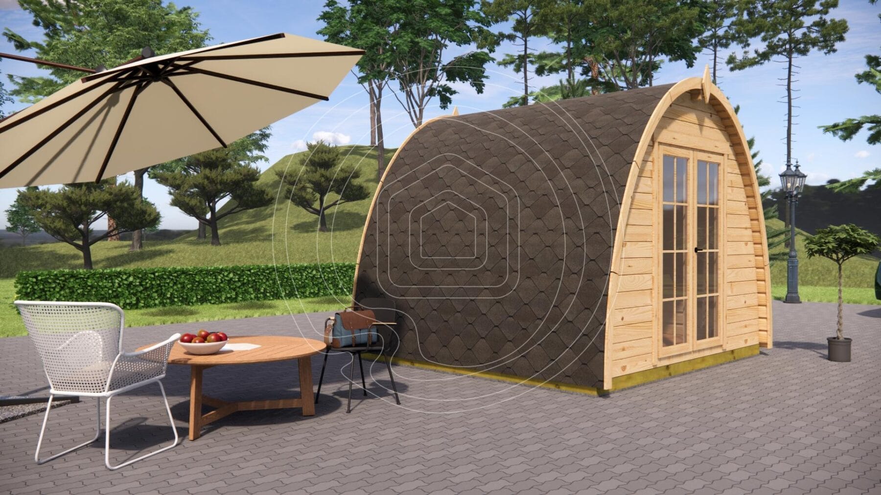 Rear view of 9m² glamping pod with natural timber finish Ireland