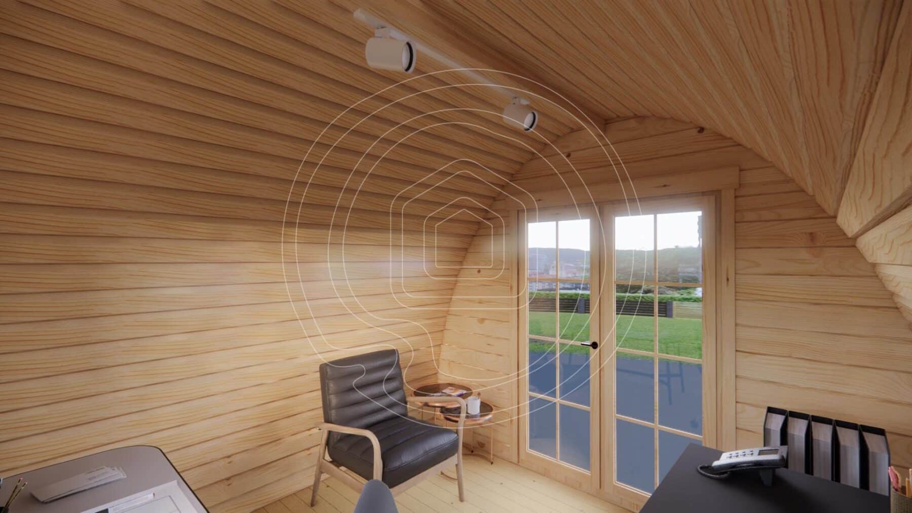 Interior of 9m² glamping pod with timber walls and floor Ireland