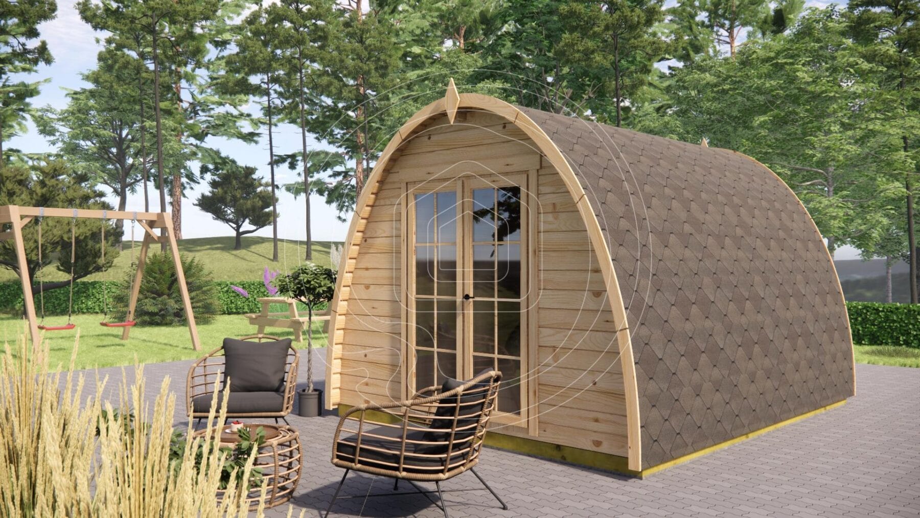 Side view of a curved timber camping pod