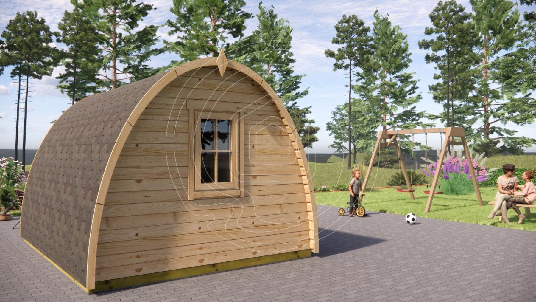 Double glazed arched wooden door for pod