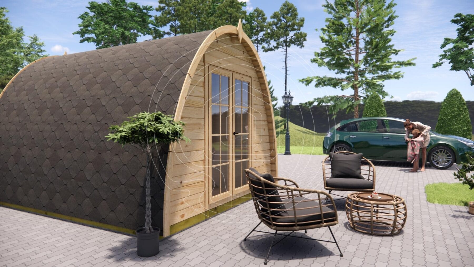 Natural timber interior of a cozy camping pod