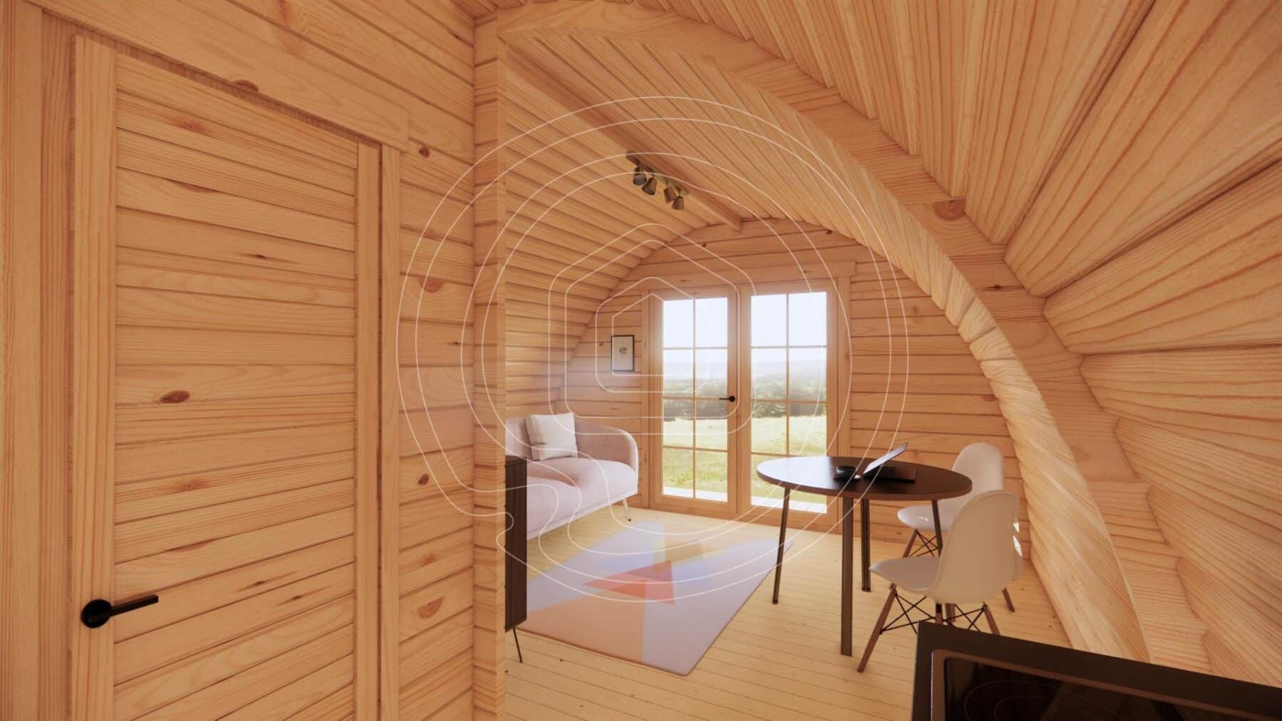 Spacious living area inside a large timber pod