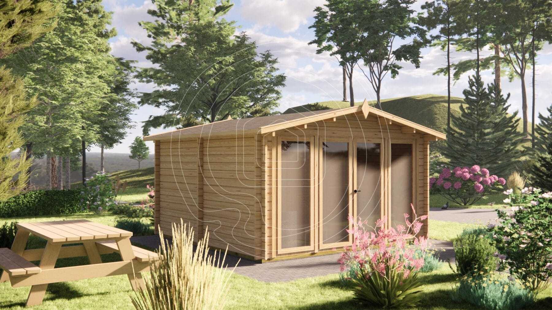Interior of outdoor sauna cabin with benches Ireland