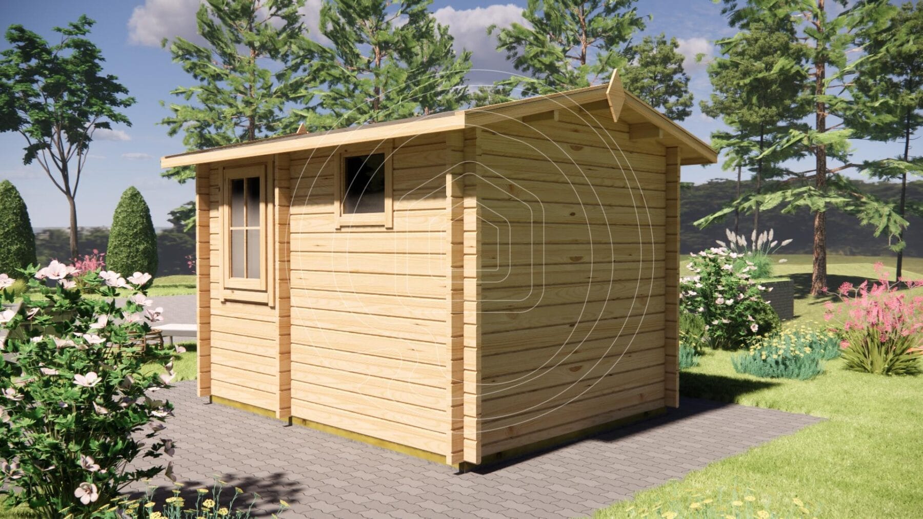 Interior of 2-person garden sauna with alder wood floor Ireland