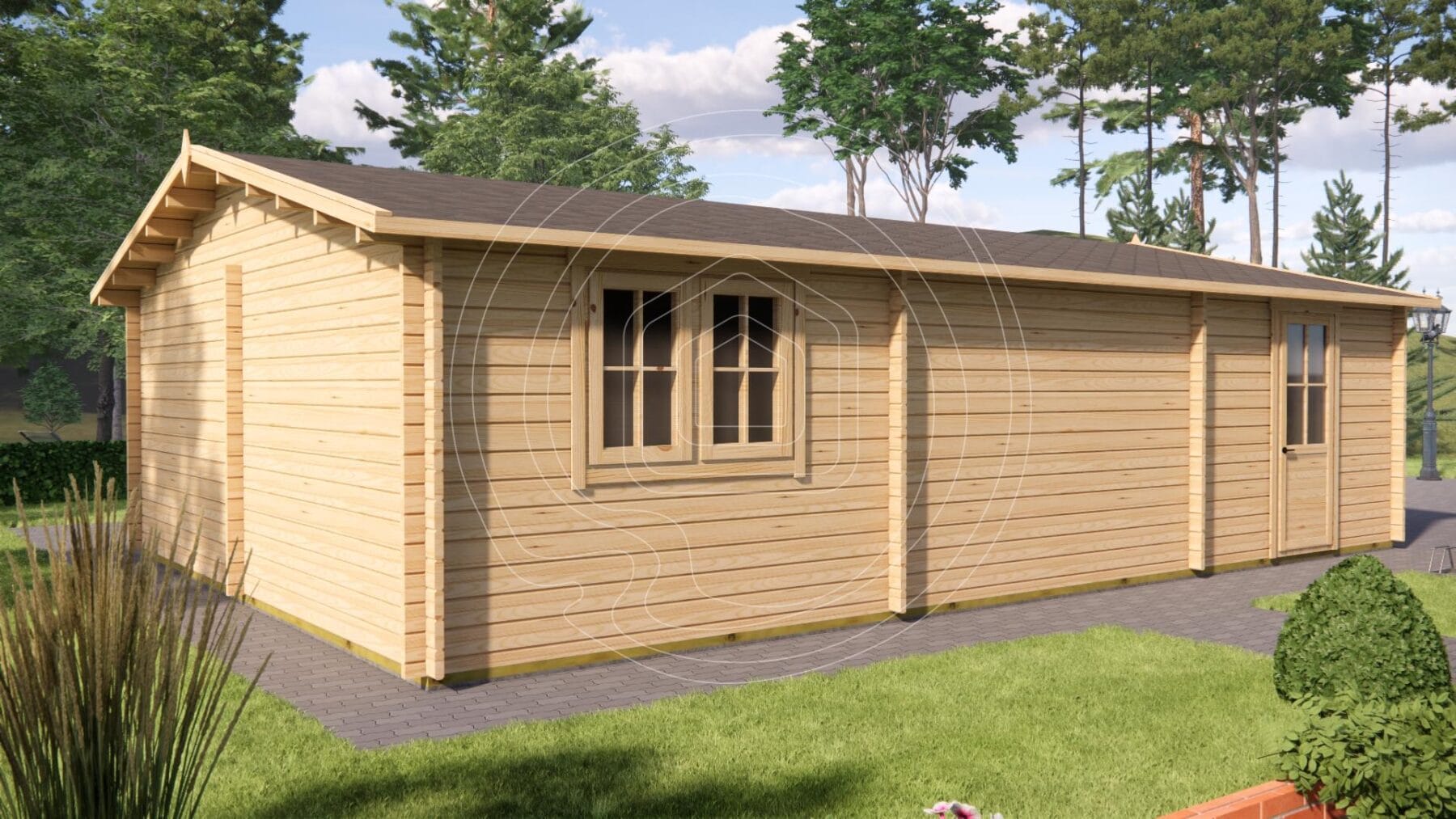 Spacious wooden garage interior for car and tools