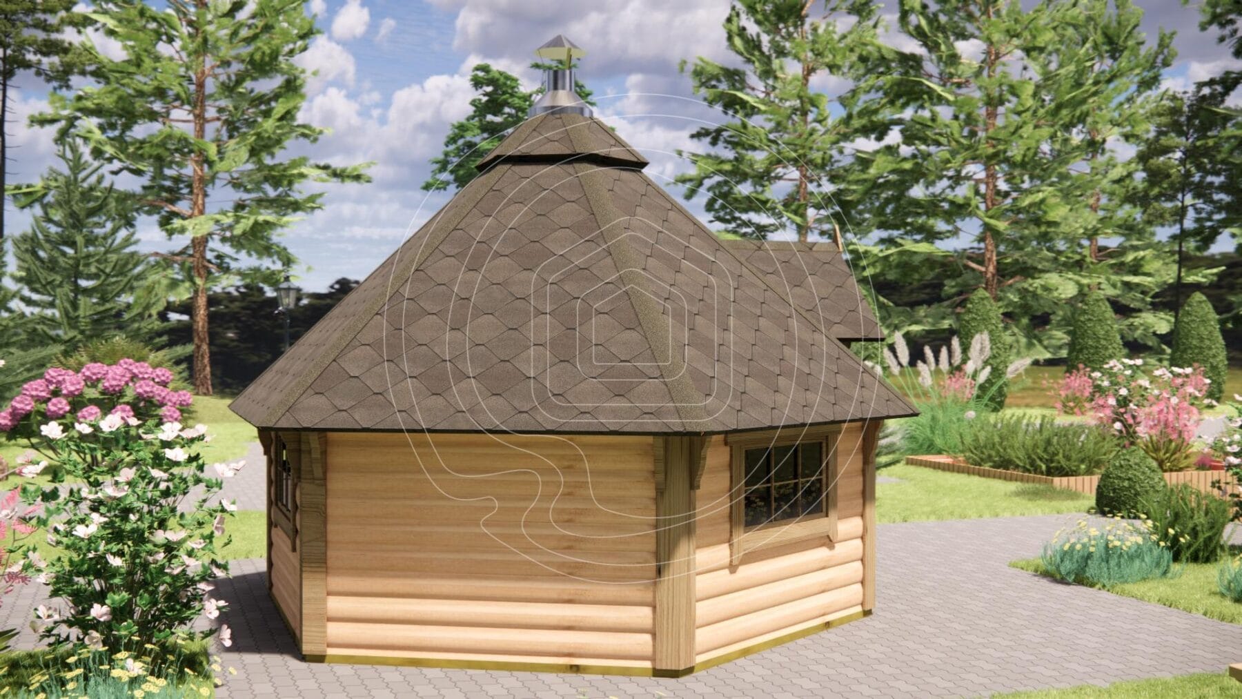 Comfortable wooden seating for guest entertainment outdoors
