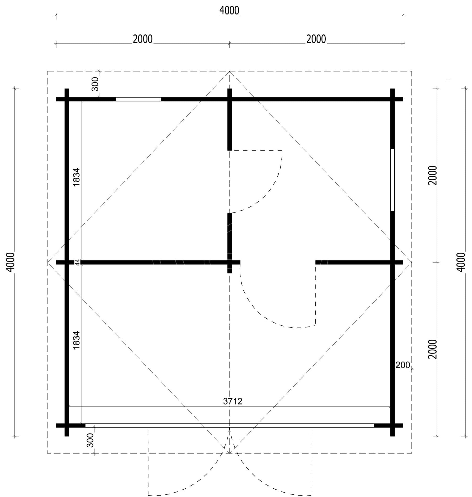 Floor plan of 16m² outdoor sauna cabin Ireland 4x4m layout