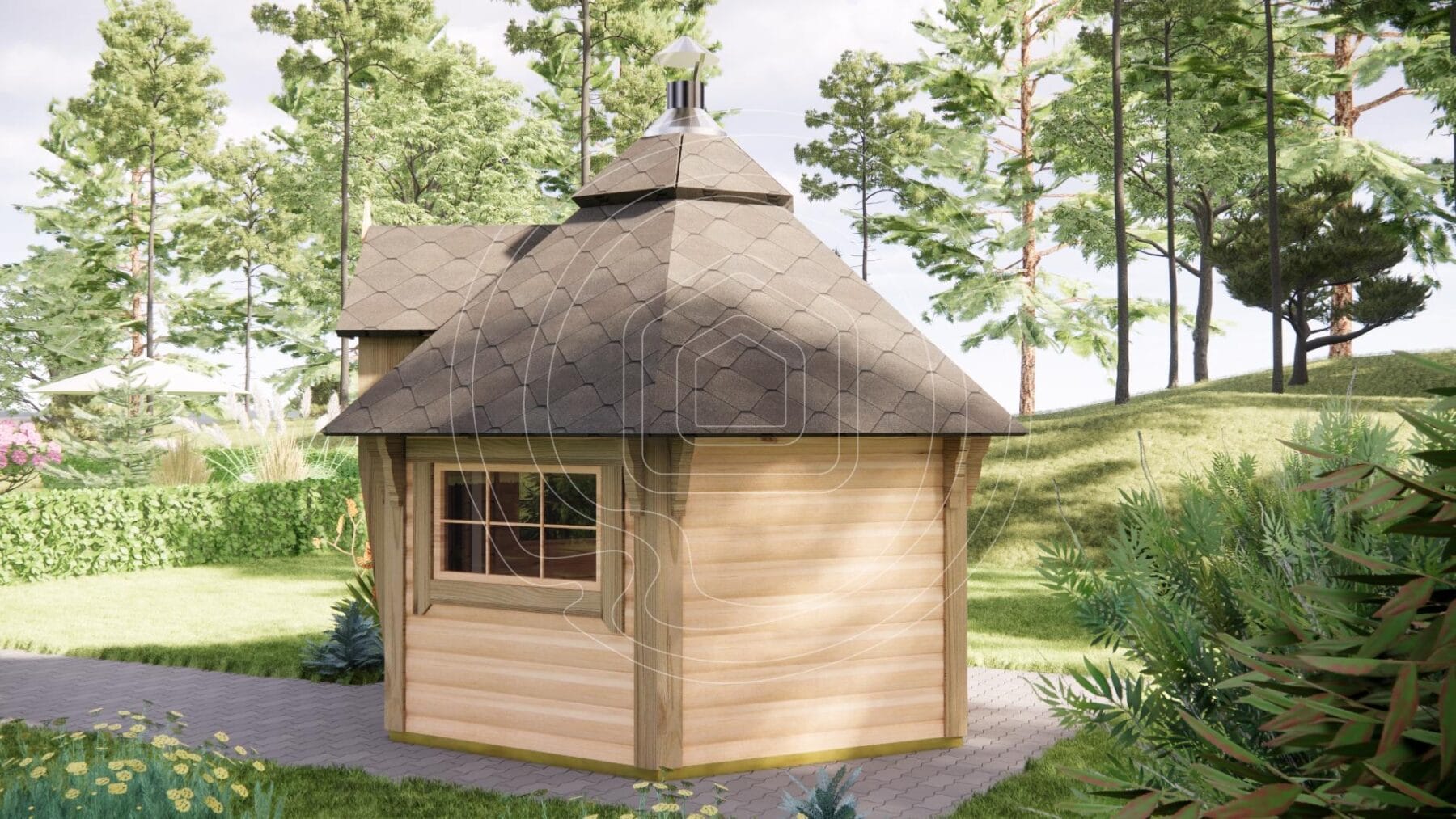Traditional Scandinavian grill cabin for outdoor BBQ parties